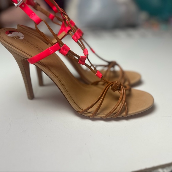 ‼️CLEARANCE!!! Couch Tan Strappy Neon Orange Strap Lana Leather Skinny Heel 10‼️ - Picture 3 of 16